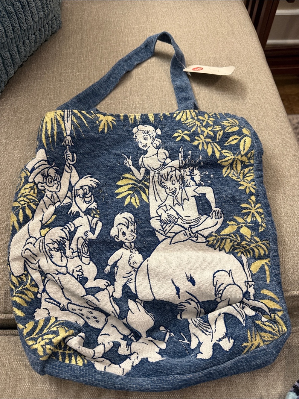 Blue Denim-Style Disney Tote Bag with Yellow Floral Accents Peter Pan